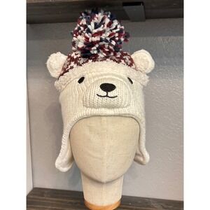 Polar Bear Beanie Kids Medium White Winter Pom Pom Winter Cozy